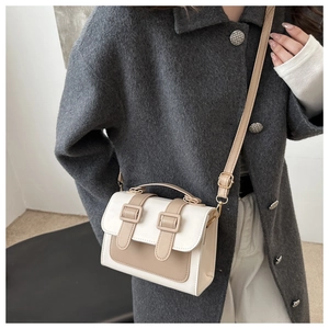 Detail of color-block mini square bag with dual buckle straps and adjustable shoulder strap