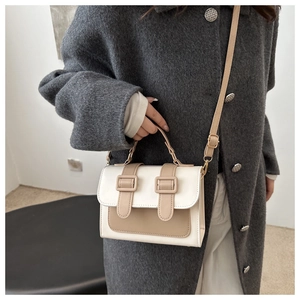 Detail of retro small square crossbody bag with two-tone design and buckle straps