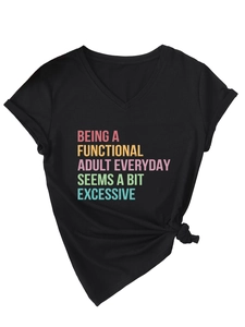 Detail of a black V-neck t-shirt with functional adult print and stylish front knot