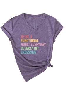 Detail of purple V-neck T-shirt with colorful slogan print and stylish front hem knot
