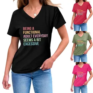 Women Casual V Neck Short Sleeve T-Shirt Being A Functional Adult Slogan Print Cotton Blend Loose Fit Everyday Tee Top