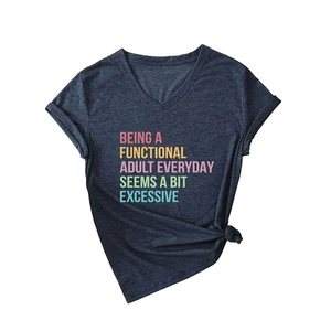 Women V-neck short sleeve T-shirt with Being A Functional Adult slogan in navy blue