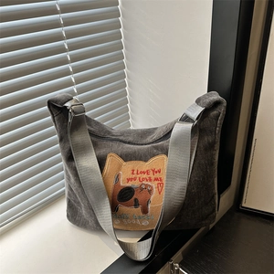 Women's Large Capacity Corduroy Crossbody Bag Cartoon Cat Embroidered Patch Hobo Bag Korean Ins Style Casual Shoulder Bag