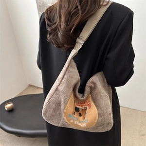 Retro brown corduroy shoulder bag with cute cartoon cat embroidery and adjustable strap