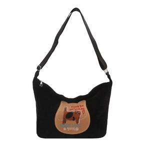 Cute black crescent corduroy shoulder bag featuring a large brown cartoon cat patch