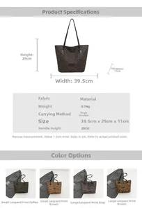 Detailed size chart and dimensions of the leopard print velvet tote bag with color options