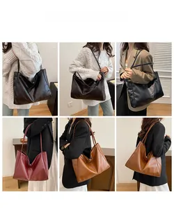 Six colors of large capacity minimalist faux leather tote bags shown on a model