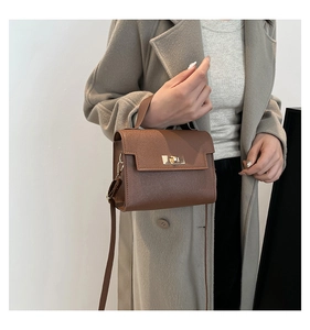 Detailed view of brown lychee grain leather mini handbag with gold twist lock and strap