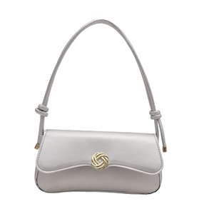 Silver grey underarm bag with gold spiral lock buckle and chain shoulder strap