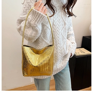 Golden crocodile embossed large capacity tote bag for women with metallic glossy finish