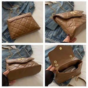 Detailed views of the brown quilted crossbody bag showing interior and side profile