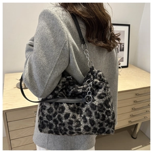 Detail of grey leopard print plush hobo bag with silver chain and leather strap