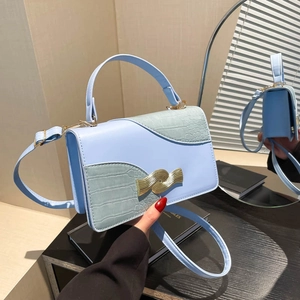 Women Fashion PU Leather Small Square Bag Croc-Embossed Patchwork Handbag With Wave Metal Buckle Shoulder Crossbody Bag
