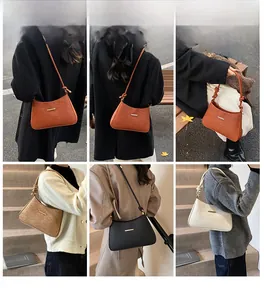 Collage of chic textured baguette bags in four colors showing stylish shoulder carry poses