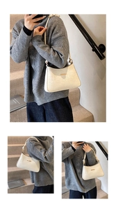 Vertical collage of a white lace-textured faux leather baguette bag on a shoulder in a stairwell