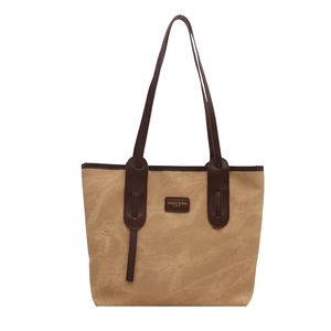 Large capacity vintage contrast tote bag in khaki and brown with long shoulder straps