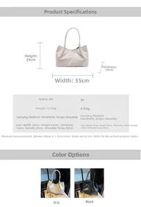 Size chart showing large capacity PU leather tote bag dimensions and strap length details
