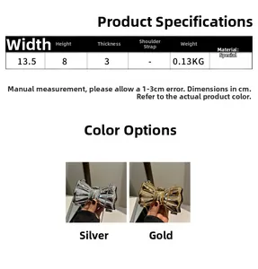 Detailed size specifications for bow-shaped mini acrylic clutch in silver and gold