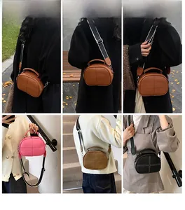 Collage of leather pillow bags in four colors with stylish crossbody webbing straps