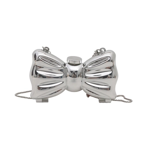 Polished silver bow-shaped metal flask with screw-cap and chain for evening wear
