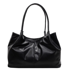 Minimalist black faux leather tote bag with vertical stitching and large capacity