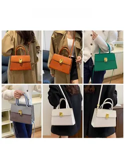 Detailed views of crossbody bags with crocodile texture and gold wavy metal buckles