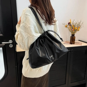 Women Large Capacity PU Leather Shoulder Bag Fashion Bow Pleats Drawstring Tote Bag Casual Trendy Underarm Bag