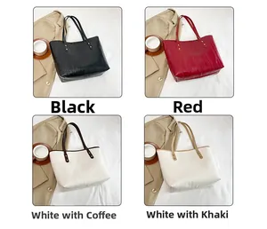 Collage di quattro borse tote in pelle PU nei colori nero, rosso e bicolore minimalista