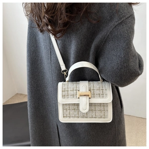 Detail of tweed checkered crossbody bag with gold buckle on grey wool coat