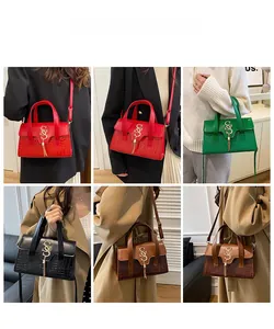 Collage of crocodile pattern handbags in various colors shown on models for styling