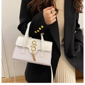 Detail of crocodile pattern拼接 style handbag with golden metal fringe and letter hardware
