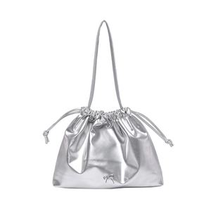 Silver metallic pleated bucket bag with drawstring closure and bow detail on white background