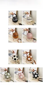 Collage of basketball and football shaped PU leather handbags with metal chain straps