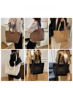 Multiple views of large corduroy tote bags in brown, khaki and black for daily wear