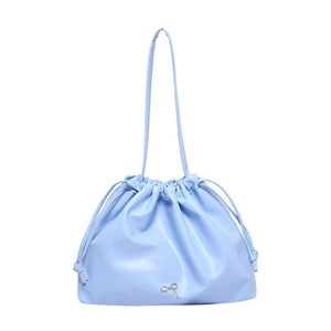 Light blue faux leather drawstring bucket bag with a silver bow ornament