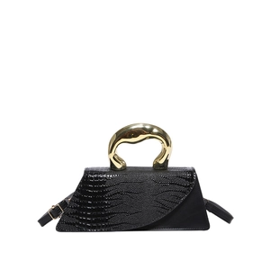 Fashion black asymmetrical handbag with embossed croc leather and gold artistic handle
