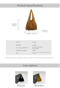 Size specifications of bohemian faux suede fringe tote bag in brown and black colors