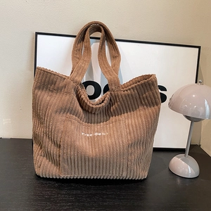 Women Large Capacity Corduroy Tote Bag Simple Solid Color Shoulder Handbag With Embroidery Pocket Zipper Closure Casual Bag