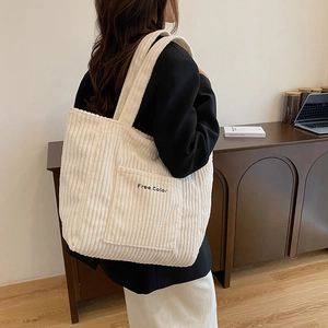 Minimalist beige corduroy tote bag with Free Color embroidery and large capacity