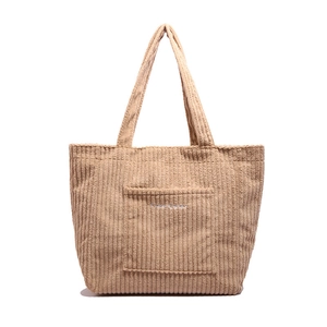 Brown corduroy tote bag with Free Color embroidery and front pocket for women