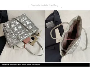 Macro detail of silver quilted tote bag showing spacious main compartment and interior storage
