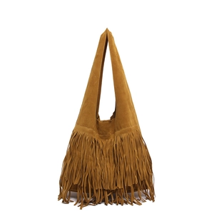 Retro caramel suede shoulder bag with long fringes and large capacity in a bucket style
