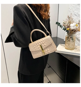 Detail of beige crocodile pattern handbag featuring a gold metal clasp and top handle