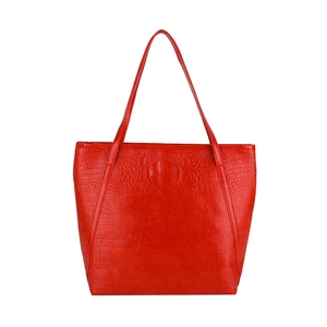 Large red crocodile pattern tote bag with double shoulder straps on white background