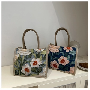 Bolso tote de lino vintage con bordado 3D en relieve para viaje y uso diario casual