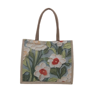 Bolso tote de lino de gran capacidad con flores azules y asas de yute para mujer