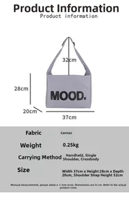 Canvas tote bag specifications showing dimensions 37x28x20cm and lightweight 0.25kg details