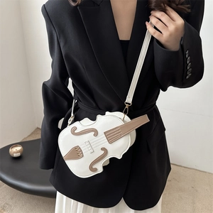 Creative violin shaped crossbody bag in white and brown leather with metal hooks