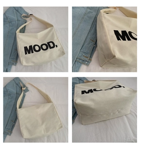 Multi-angle views of a cream canvas tote bag featuring MOOD letter print and wide strap