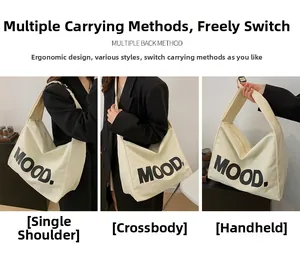 Three-way canvas tote bag shown in shoulder, crossbody, and handheld styles